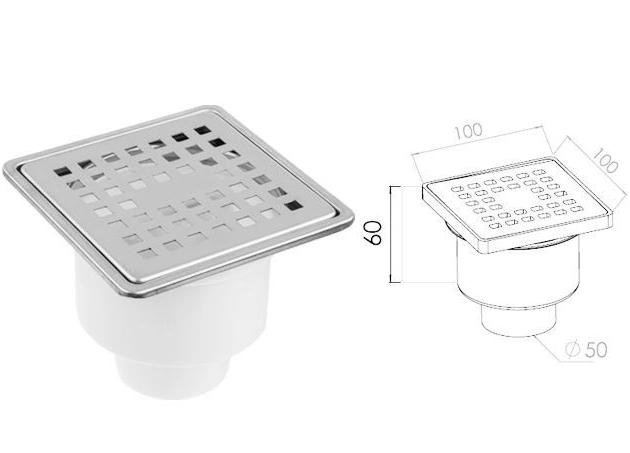сливной трап вертикальный d 50 с сухим затвором, с рамкой, решетка нерж. 100х100 мм, av engineering