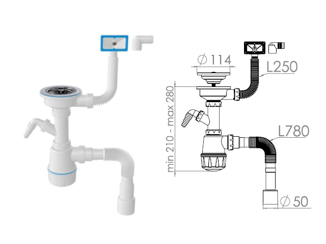 сифон для умывальника с выпуском 70мм,с отводом для стир. маш.,с гибкой трубой 1 1/2"-40/50мм, av engineering
