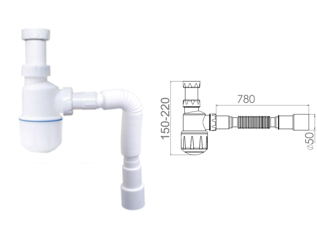 сифон для умывальника без выпуска, гайка 32 мм, с гибкой трубой 1 1/4"- 40/50мм