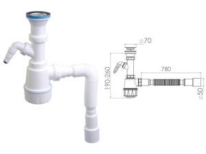 сифон для кухни с выпуском 70мм, с отводом для стиральной машины, с гибкой трубой 1 1/2" - 40/50м